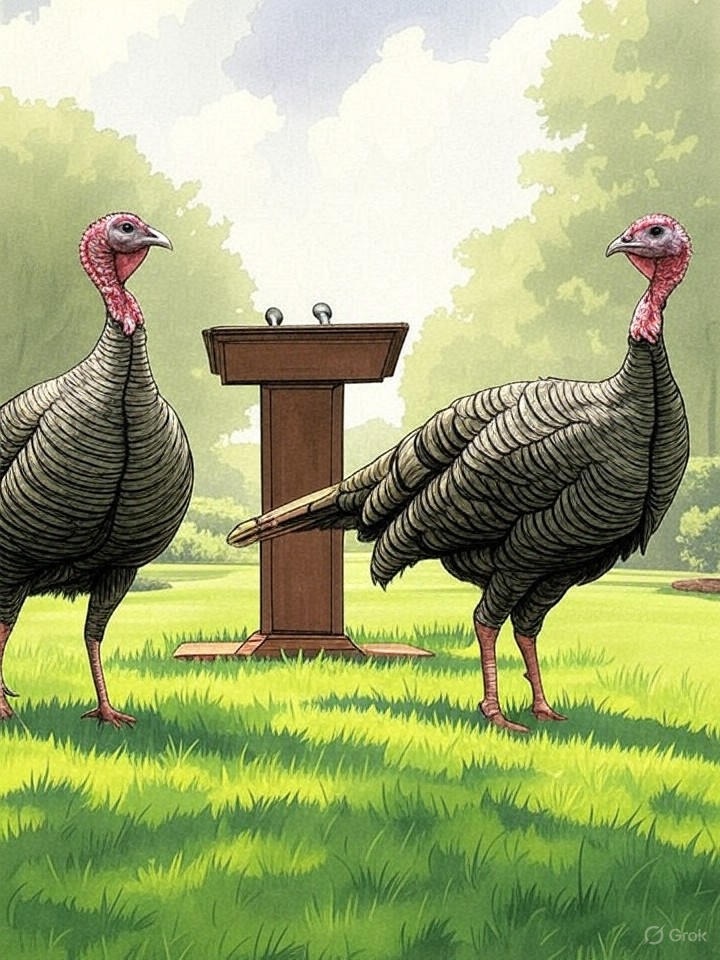 Illustration for: President Pardons Thanksgiving Turkeys Gobble and Waddle