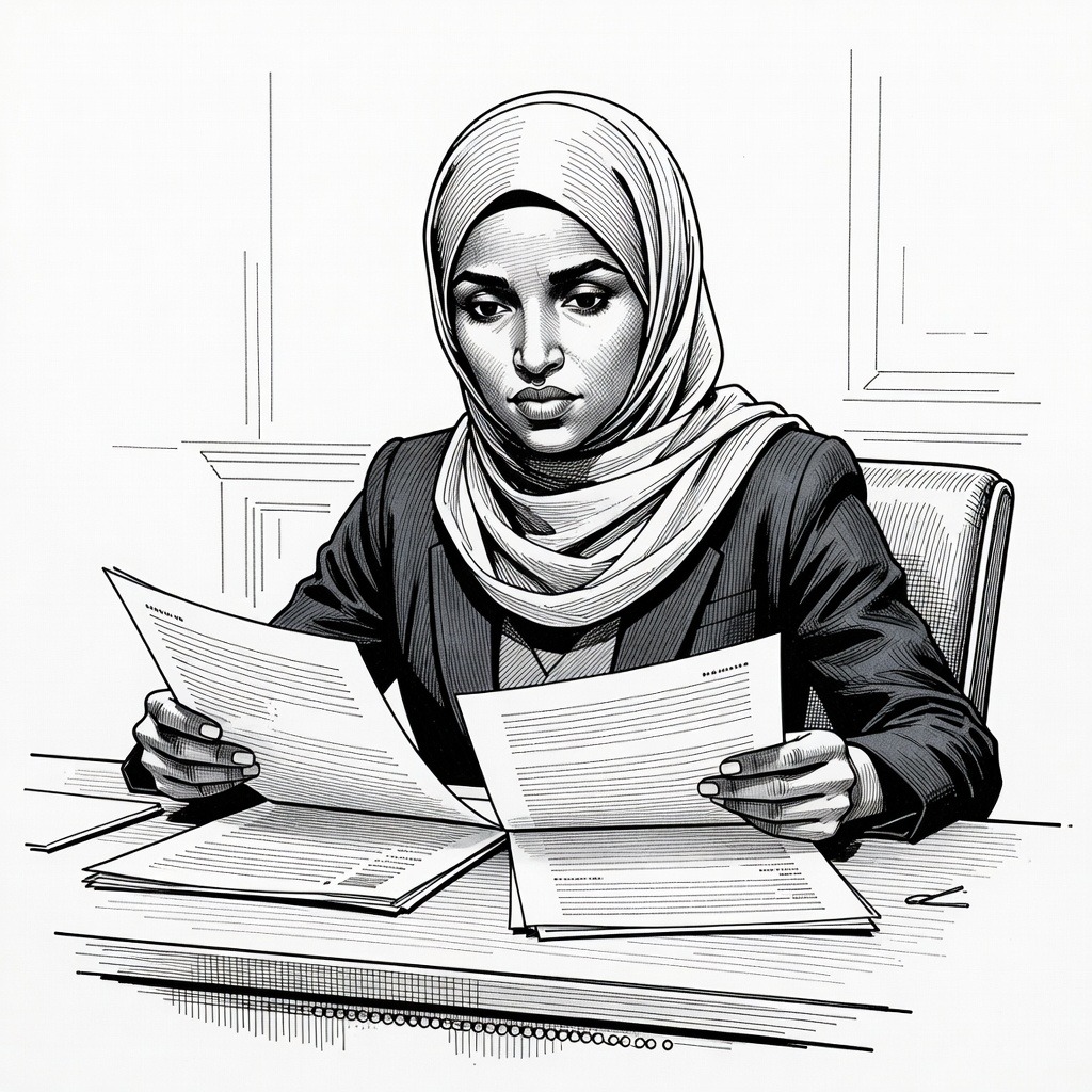 Illustration for: Representative Ilhan Omar Faces Scrutiny Over Financial Disclosures Valuing Husband's Firms at Zero