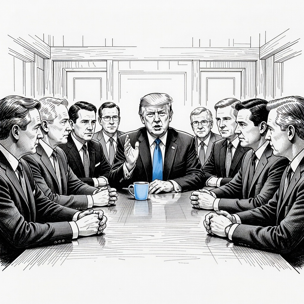Illustration for: Trump Appeals IRS Lawsuit Ruling and Confirms Defunct Fund During Camp David Meeting