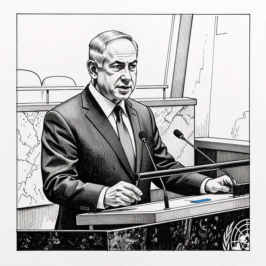 Illustration for: Israeli Prime Minister Addresses UN General Assembly Amid Walkouts and Protests
